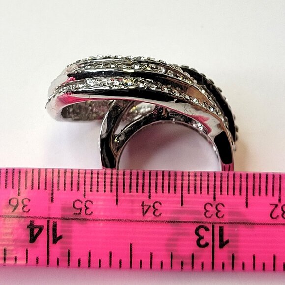Silver Crystal Rhinestones Ring Wide Criss Cross Over Size 4.75 - Picture 8 of 12